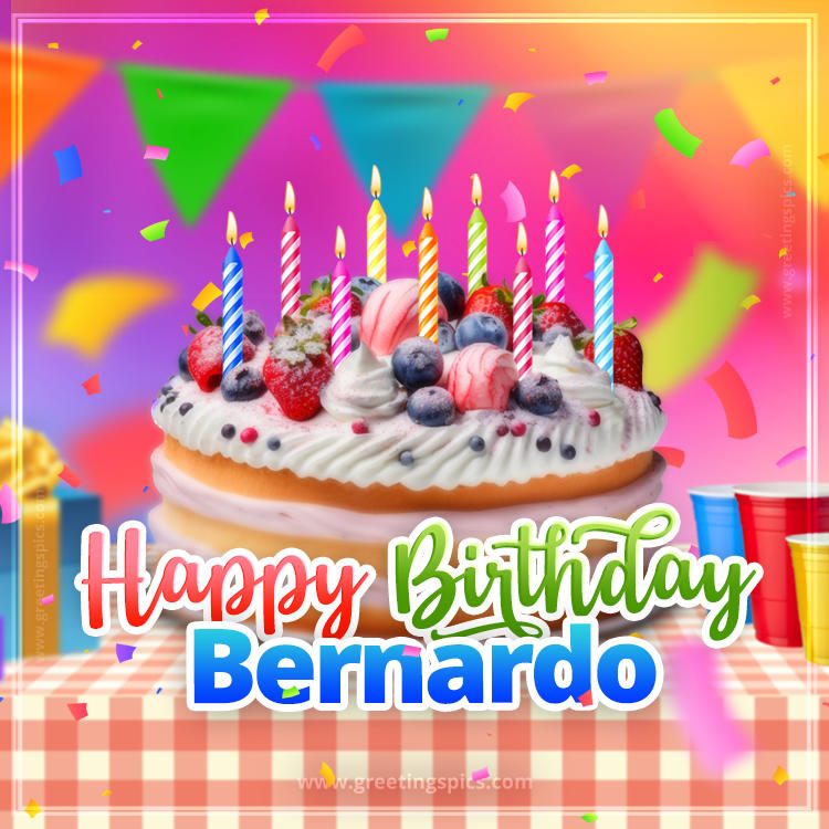 Happy Birthday Bernardo Colorful Image with fruit cake and candles (square shape image)