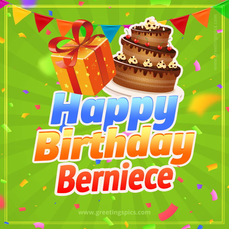 Happy Birthday Berniece picture with flags, chocolate cake and gift box (square shape image)