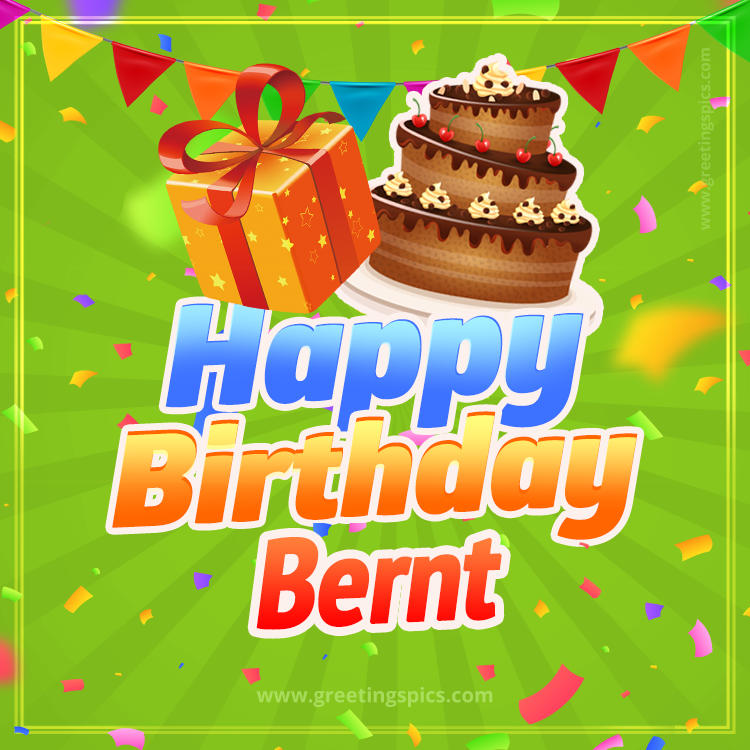 Happy Birthday Bernt picture with flags, chocolate cake and gift box (square shape image)