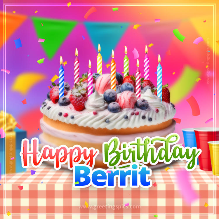 Happy Birthday Berrit Colorful Image with fruit cake and candles (square shape image)