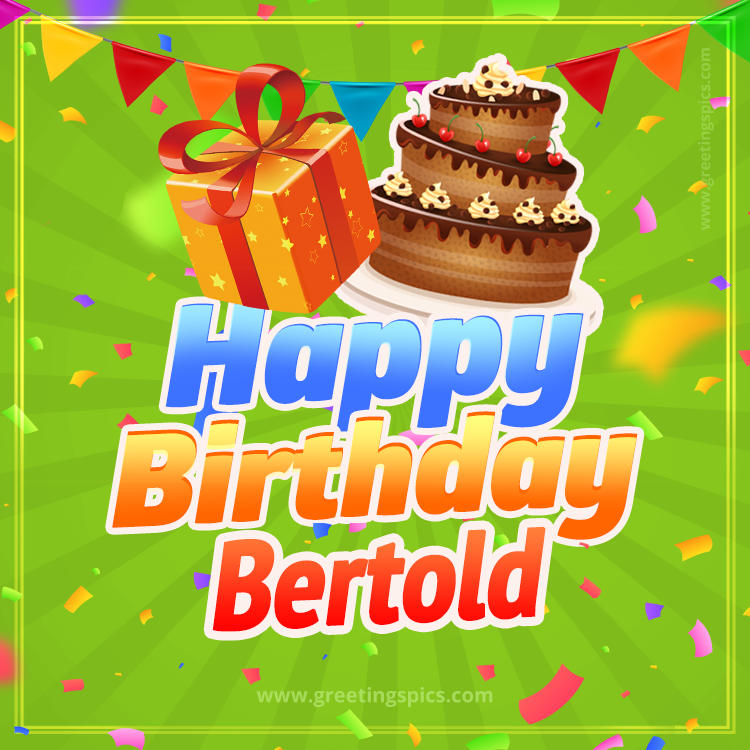 Happy Birthday Bertold picture with flags, chocolate cake and gift box (square shape image)