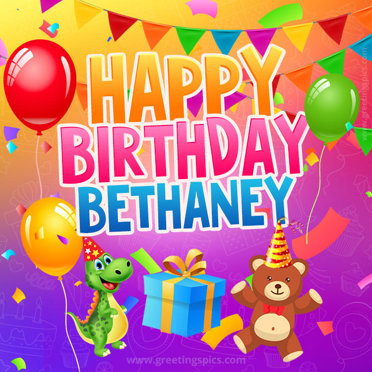 Happy Birthday Bethaney Image for a child with cute dinosaur and bear (square shape image)