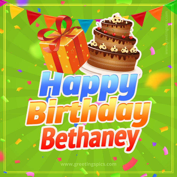 Happy Birthday Bethaney picture with flags, chocolate cake and gift box (square shape image)