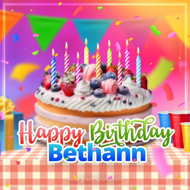 Happy Birthday Bethann Colorful Image with fruit cake and candles (square shape image)