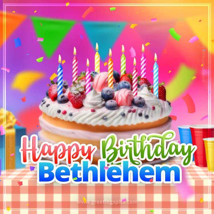 Happy Birthday Bethlehem Colorful Image with fruit cake and candles (square shape image)