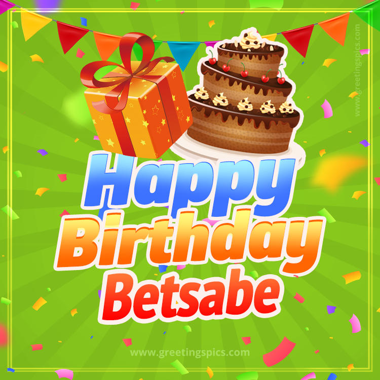 Happy Birthday Betsabe picture with flags, chocolate cake and gift box (square shape image)