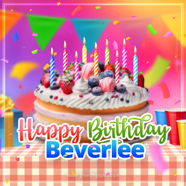 Happy Birthday Beverlee Colorful Image with fruit cake and candles (square shape image)