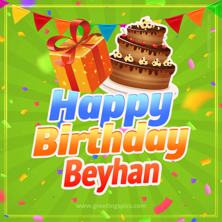 Happy Birthday Beyhan picture with flags, chocolate cake and gift box (square shape image)