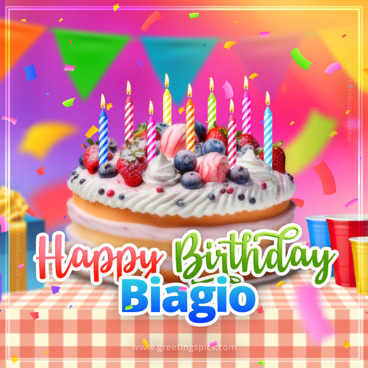 Happy Birthday Biagio Colorful Image with fruit cake and candles (square shape image)