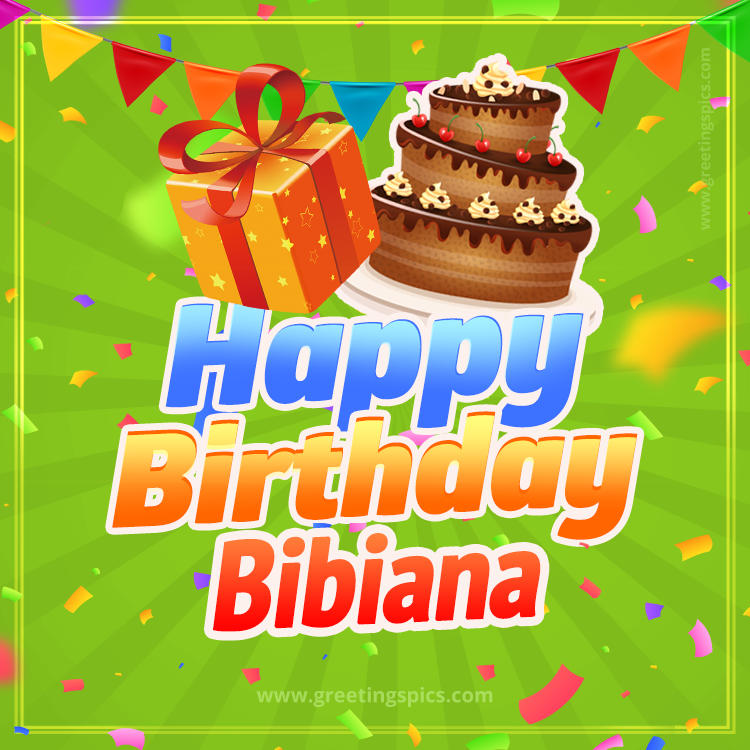 Happy Birthday Bibiana picture with flags, chocolate cake and gift box (square shape image)