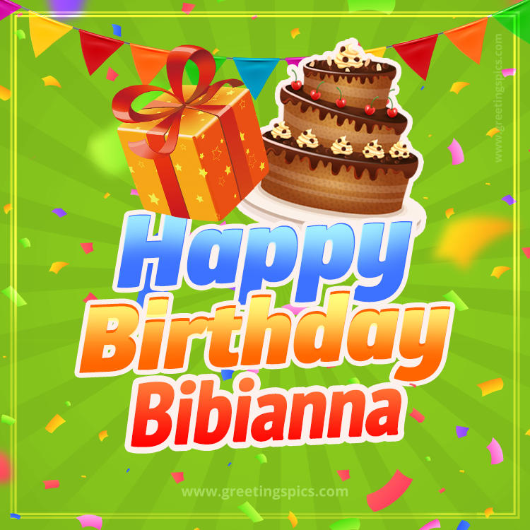 Happy Birthday Bibianna picture with flags, chocolate cake and gift box (square shape image)