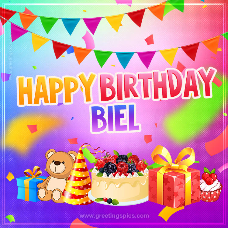 Bright card with Wishes for a Happy Birthday for Biel (square shape image)