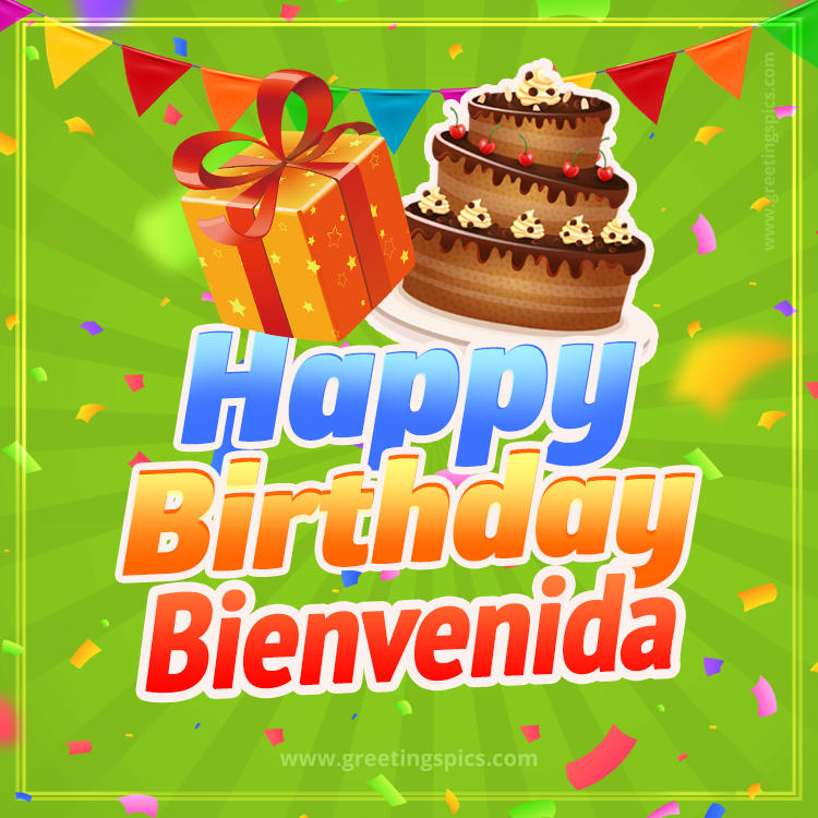 Happy Birthday Bienvenida picture with flags, chocolate cake and gift box (square shape image)