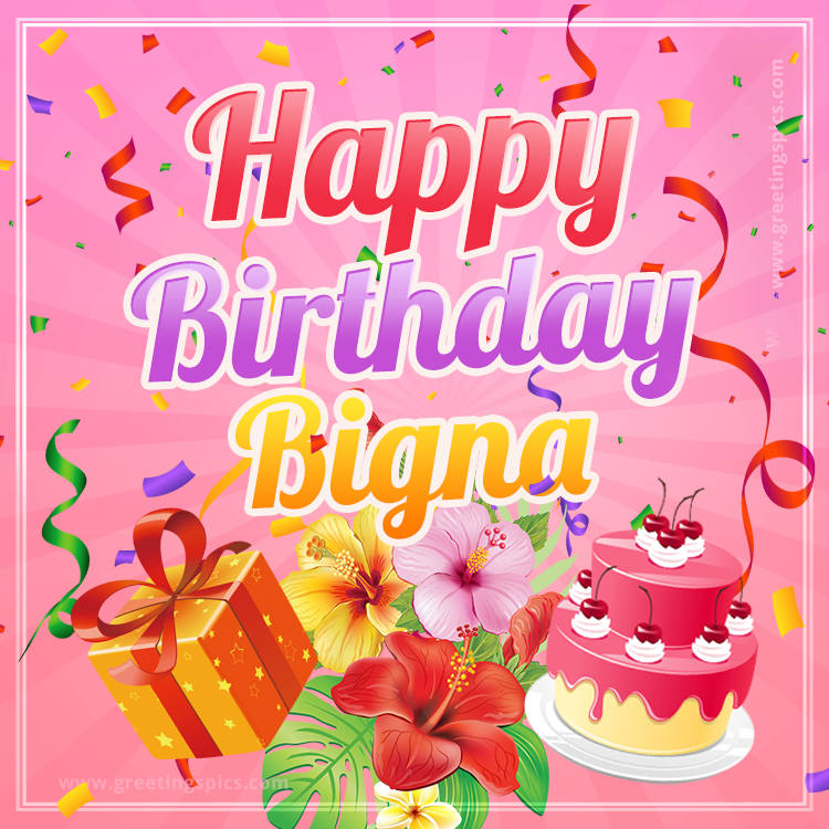 Beautiful Birthday Card for Bigna with Cake and bouquet of flowers (square shape image)