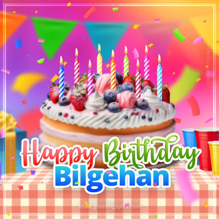 Happy Birthday Bilgehan Colorful Image with fruit cake and candles (square shape image)