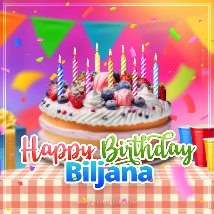 Happy Birthday Biljana Colorful Image with fruit cake and candles (square shape image)