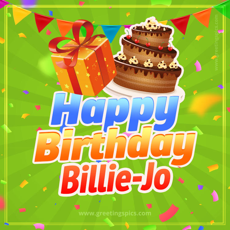 Happy Birthday Billie-Jo picture with flags, chocolate cake and gift box (square shape image)