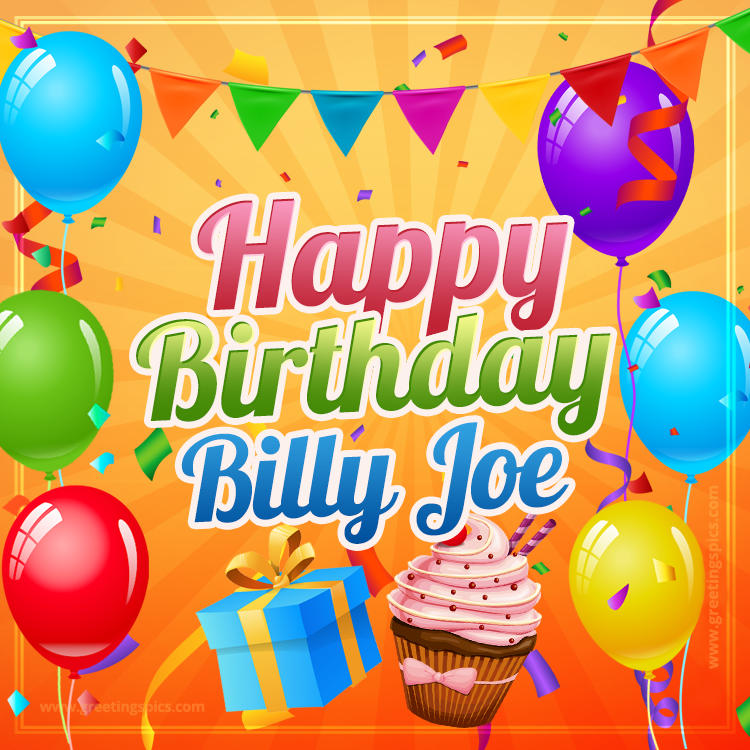 Happy Birthday Billy Joe eCard with gift box and cupcake (square shape image)