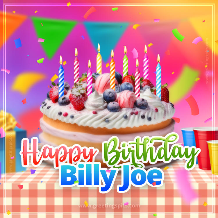 Happy Birthday Billy Joe Colorful Image with fruit cake and candles (square shape image)