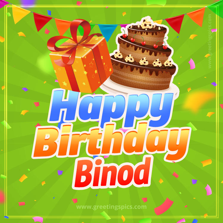 Happy Birthday Binod picture with flags, chocolate cake and gift box (square shape image)