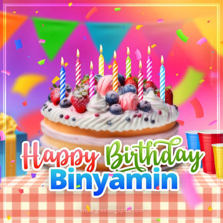 Happy Birthday Binyamin Colorful Image with fruit cake and candles (square shape image)