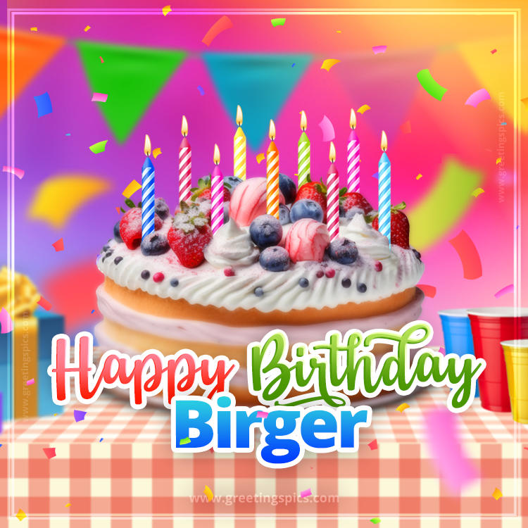 Happy Birthday Birger Colorful Image with fruit cake and candles (square shape image)