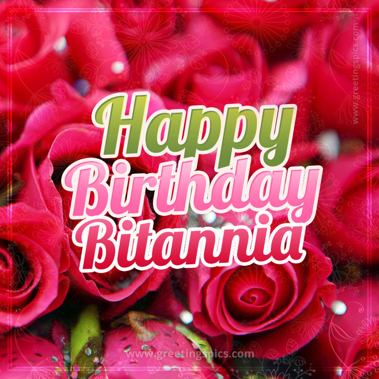 Happy Birthday Bitannia beautiful Image with red roses (square shape image)