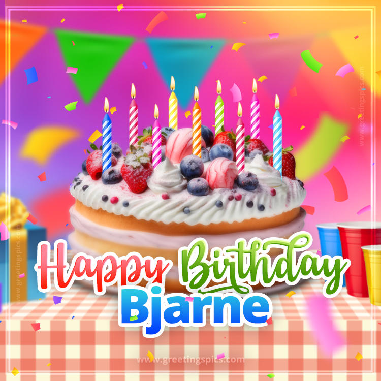 Happy Birthday Bjarne Colorful Image with fruit cake and candles (square shape image)