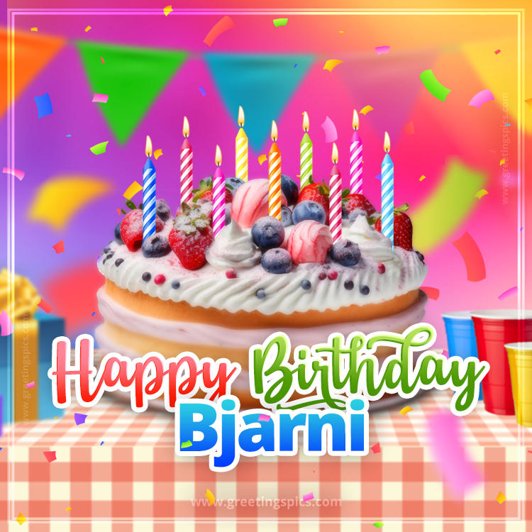 Happy Birthday Bjarni Colorful Image with fruit cake and candles (square shape image)