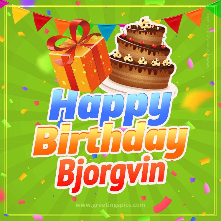 Happy Birthday Bjorgvin picture with flags, chocolate cake and gift box (square shape image)