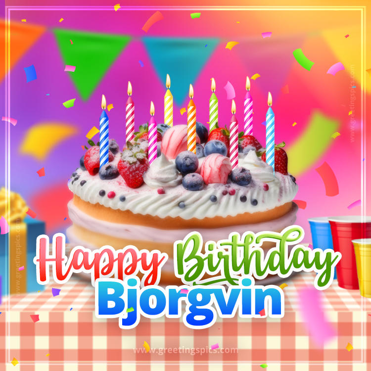 Happy Birthday Bjorgvin Colorful Image with fruit cake and candles (square shape image)