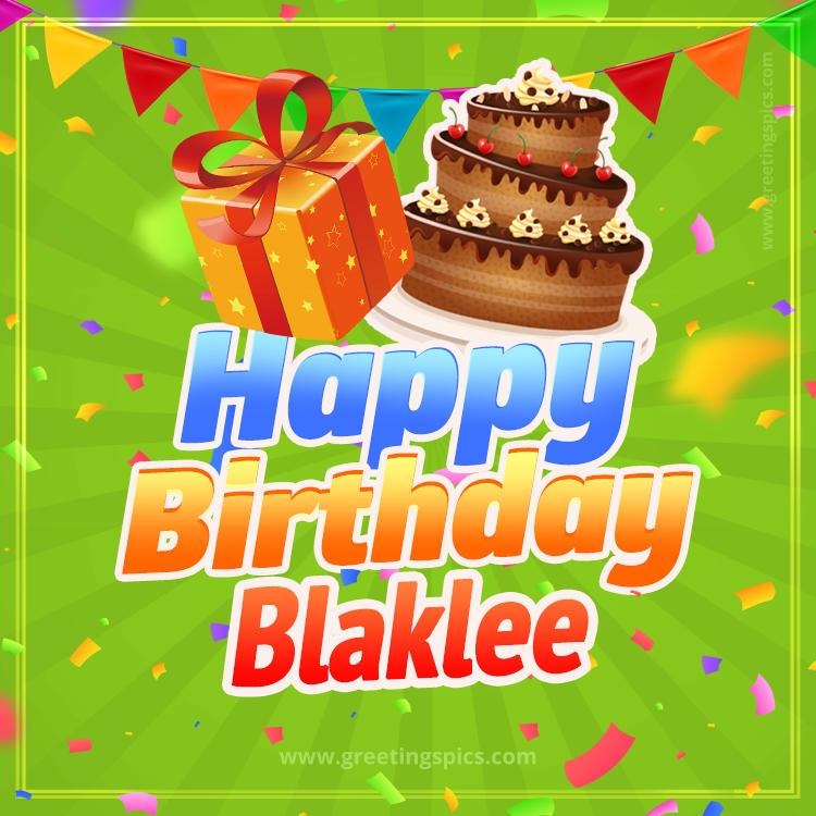 Happy Birthday Blaklee picture with flags, chocolate cake and gift box (square shape image)