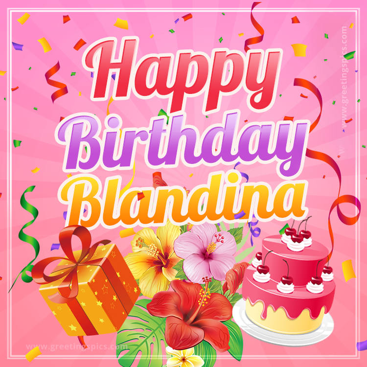 Beautiful Birthday Card for Blandina with Cake and bouquet of flowers (square shape image)