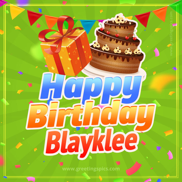 Happy Birthday Blayklee picture with flags, chocolate cake and gift box (square shape image)