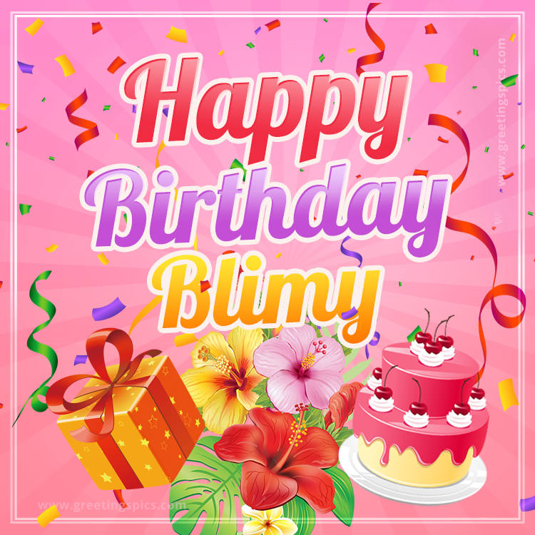 Beautiful Birthday Card for Blimy with Cake and bouquet of flowers (square shape image)