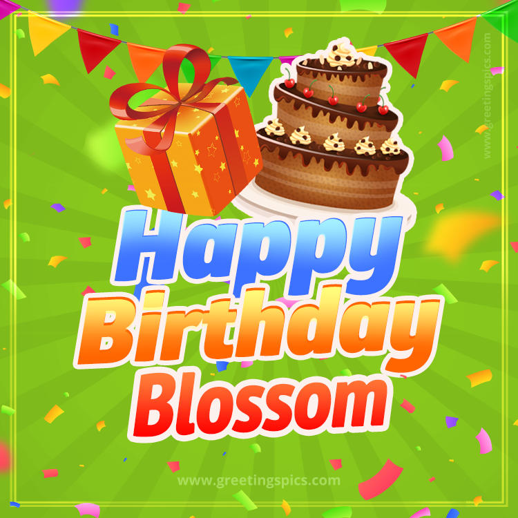 Happy Birthday Blossom picture with flags, chocolate cake and gift box (square shape image)