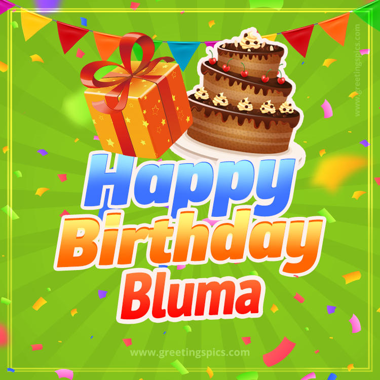 Happy Birthday Bluma picture with flags, chocolate cake and gift box (square shape image)