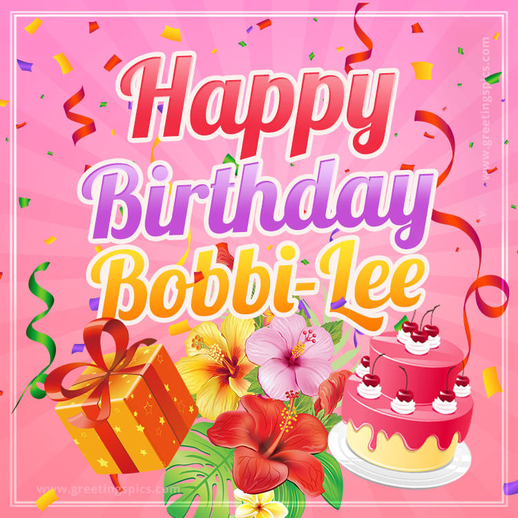 Beautiful Birthday Card for Bobbi-Lee with Cake and bouquet of flowers (square shape image)