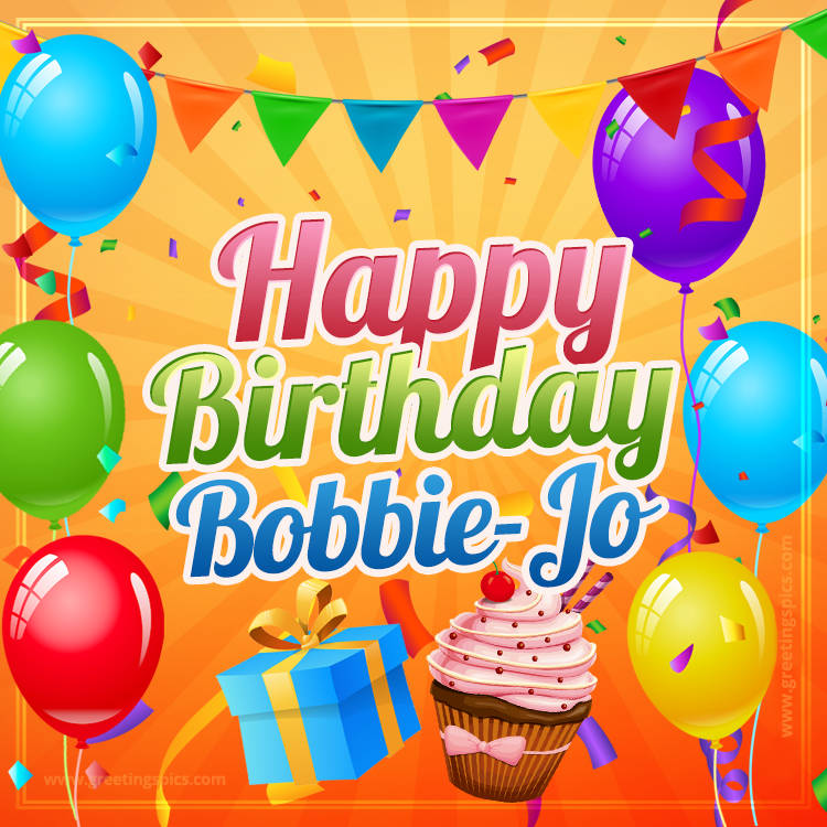 Happy Birthday Bobbie-Jo eCard with gift box and cupcake (square shape image)