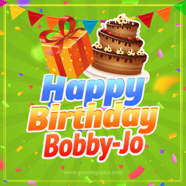 Happy Birthday Bobby-Jo picture with flags, chocolate cake and gift box (square shape image)