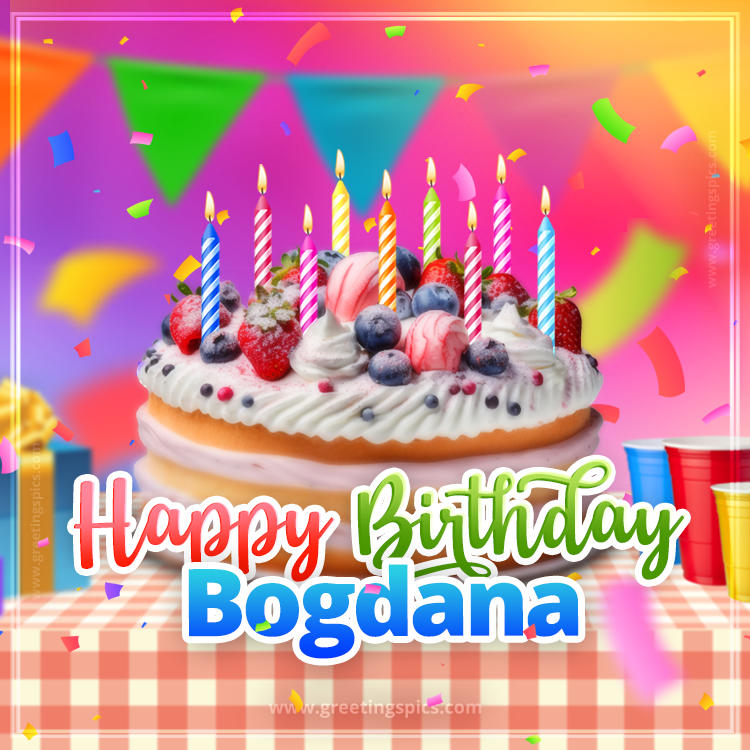 Happy Birthday Bogdana Colorful Image with fruit cake and candles (square shape image)