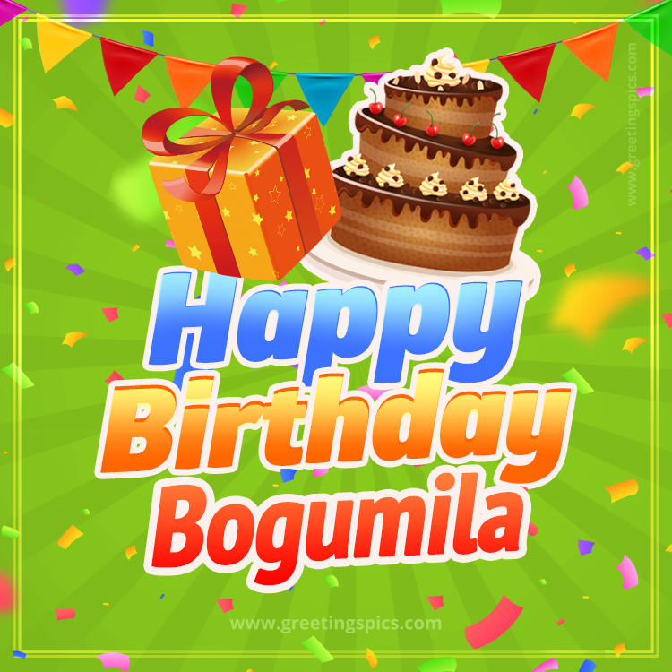 Happy Birthday Bogumila picture with flags, chocolate cake and gift box (square shape image)