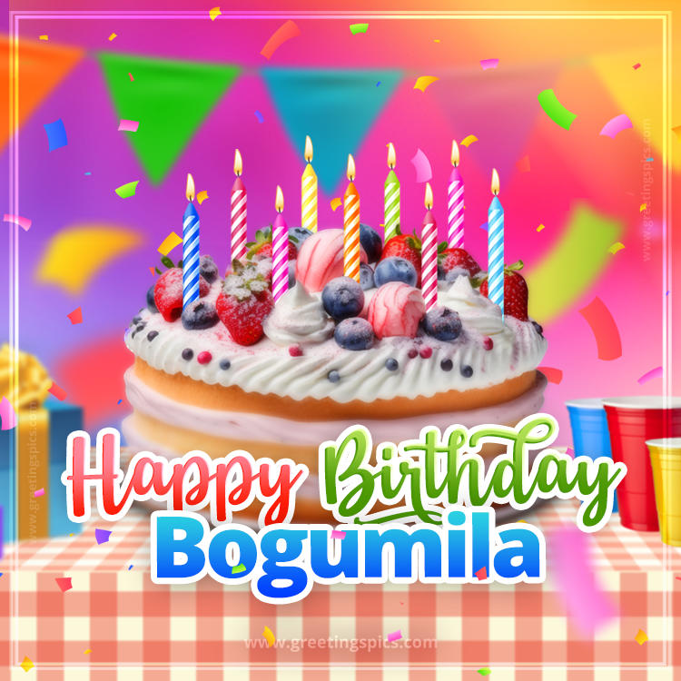 Happy Birthday Bogumila Colorful Image with fruit cake and candles (square shape image)