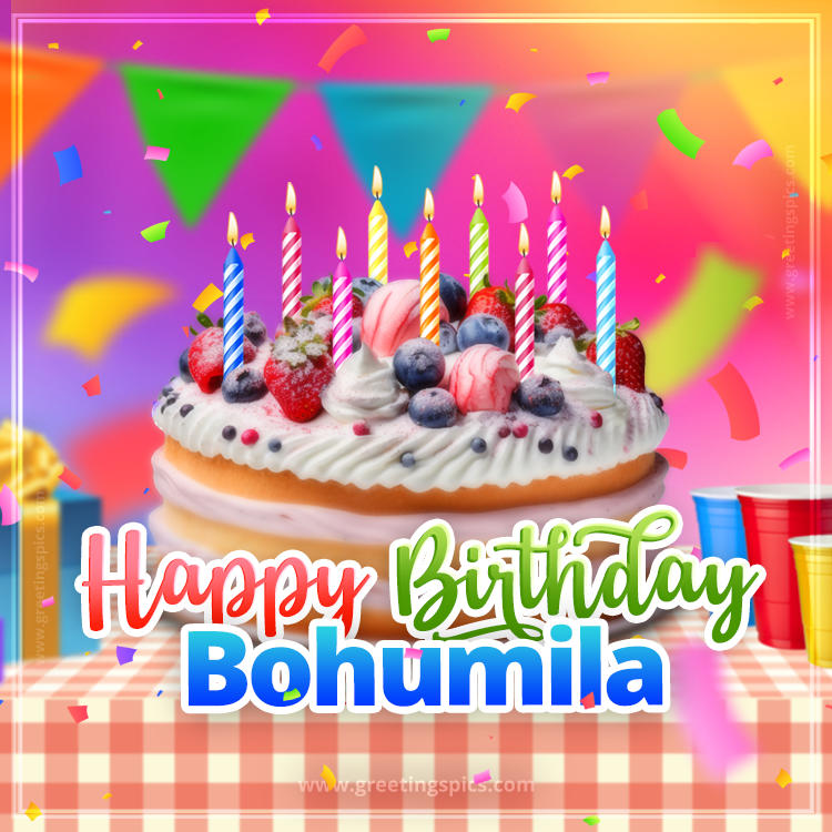 Happy Birthday Bohumila Colorful Image with fruit cake and candles (square shape image)