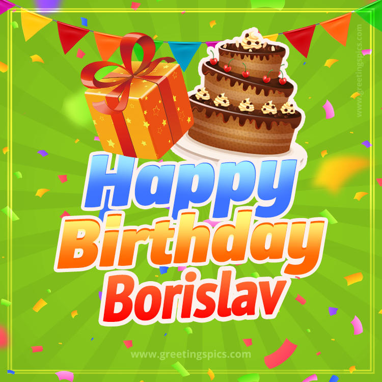 Happy Birthday Borislav picture with flags, chocolate cake and gift box (square shape image)