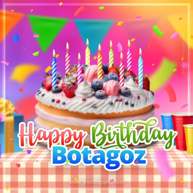 Happy Birthday Botagoz Colorful Image with fruit cake and candles (square shape image)