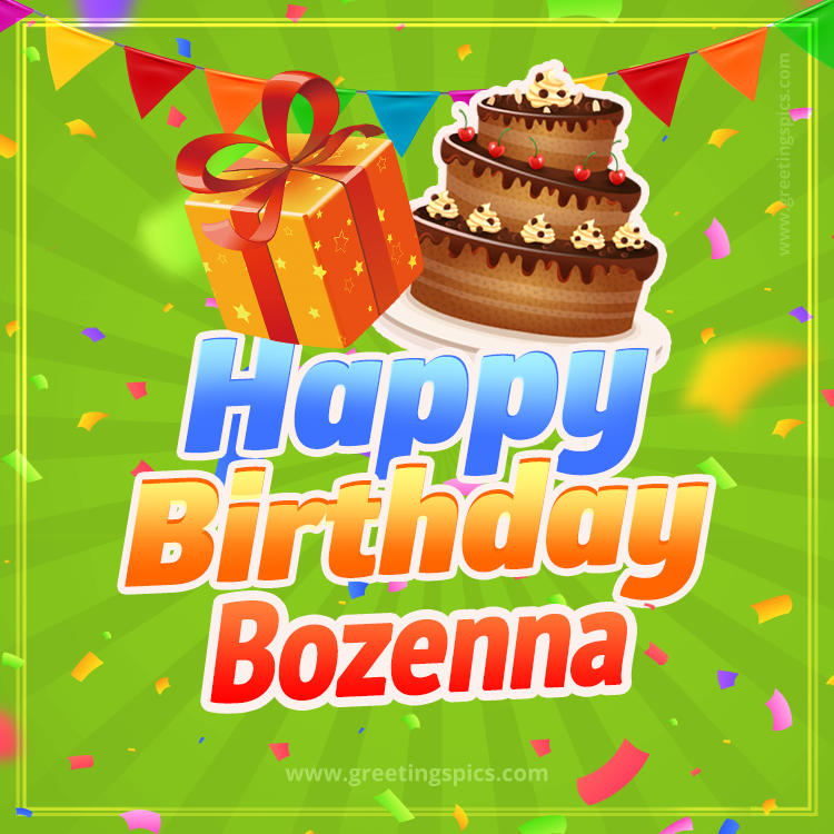 Happy Birthday Bozenna picture with flags, chocolate cake and gift box (square shape image)