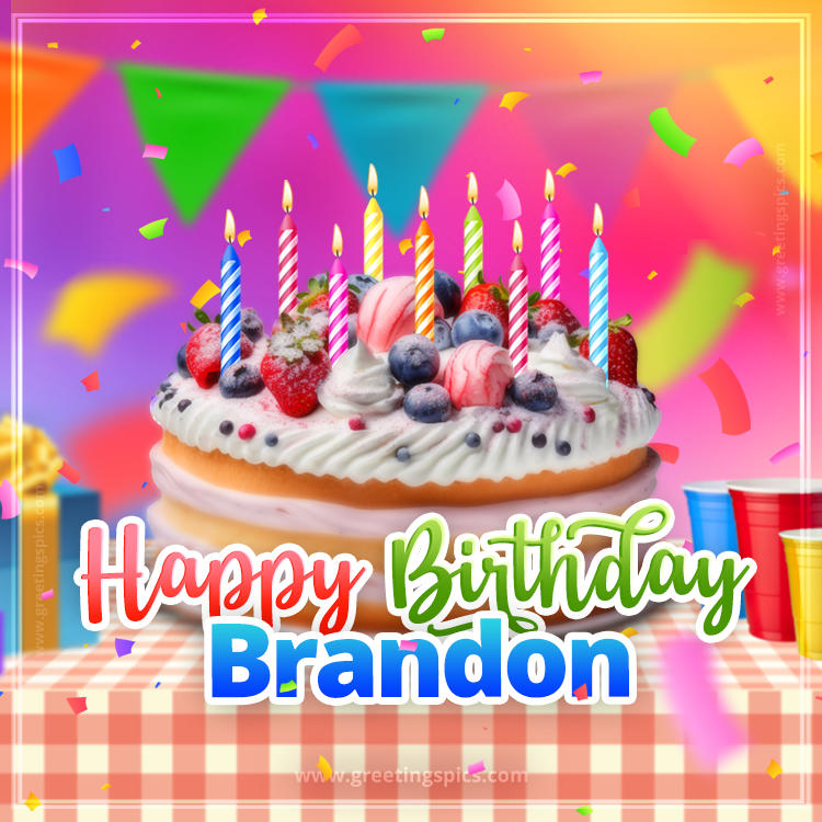 Happy Birthday Brandon Colorful Image with fruit cake and candles (square shape image)