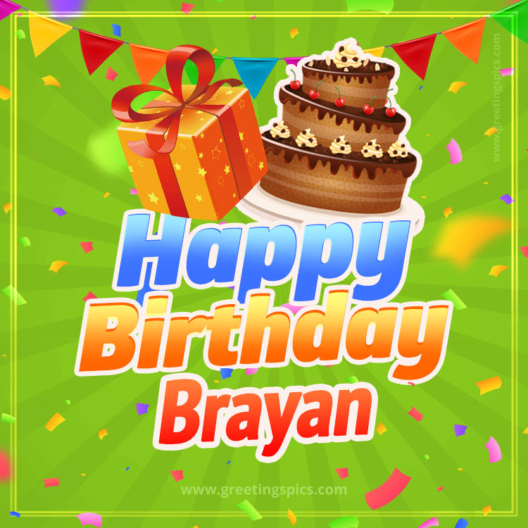 Happy Birthday Brayan picture with flags, chocolate cake and gift box (square shape image)