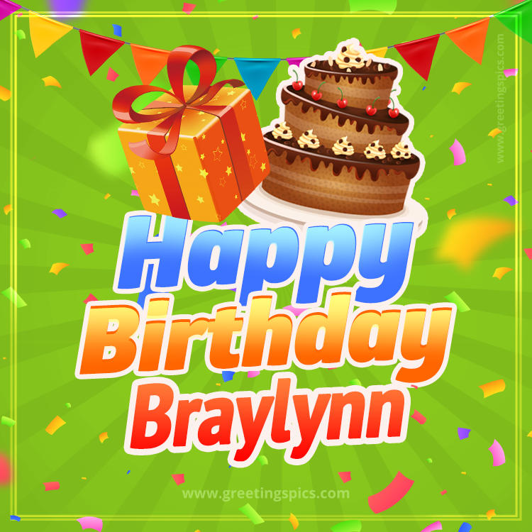 Happy Birthday Braylynn picture with flags, chocolate cake and gift box (square shape image)